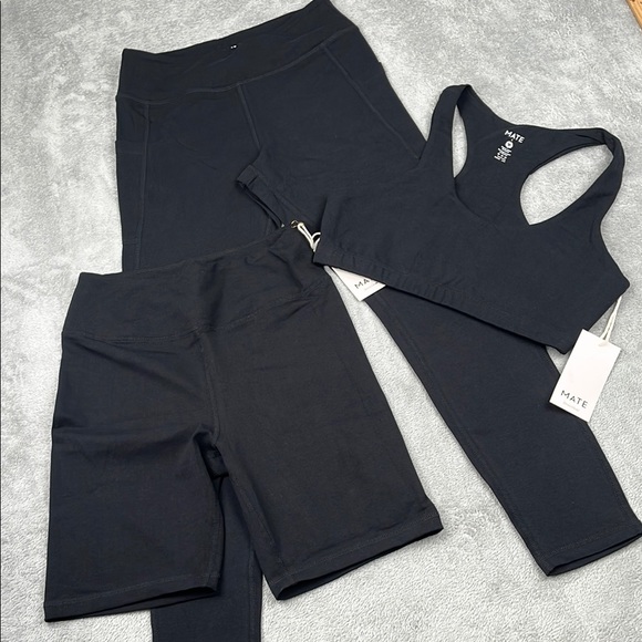 NEW Mate the Label L Black 3 PC, Leggings w/Pockets, Shorts, Bra‎ Activewear Set - Picture 1 of 16